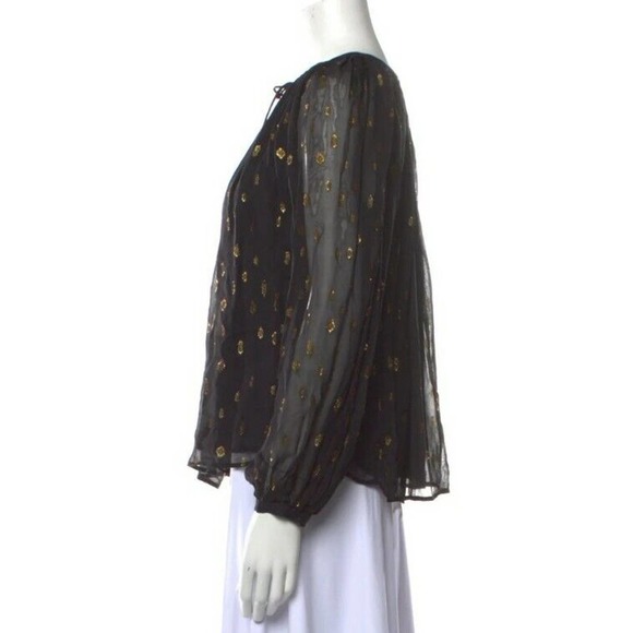 FRAME Denim Peasant Blouse Sz XS Black Metallic Gold Sheer Long Sleeves (f - Picture 5 of 7